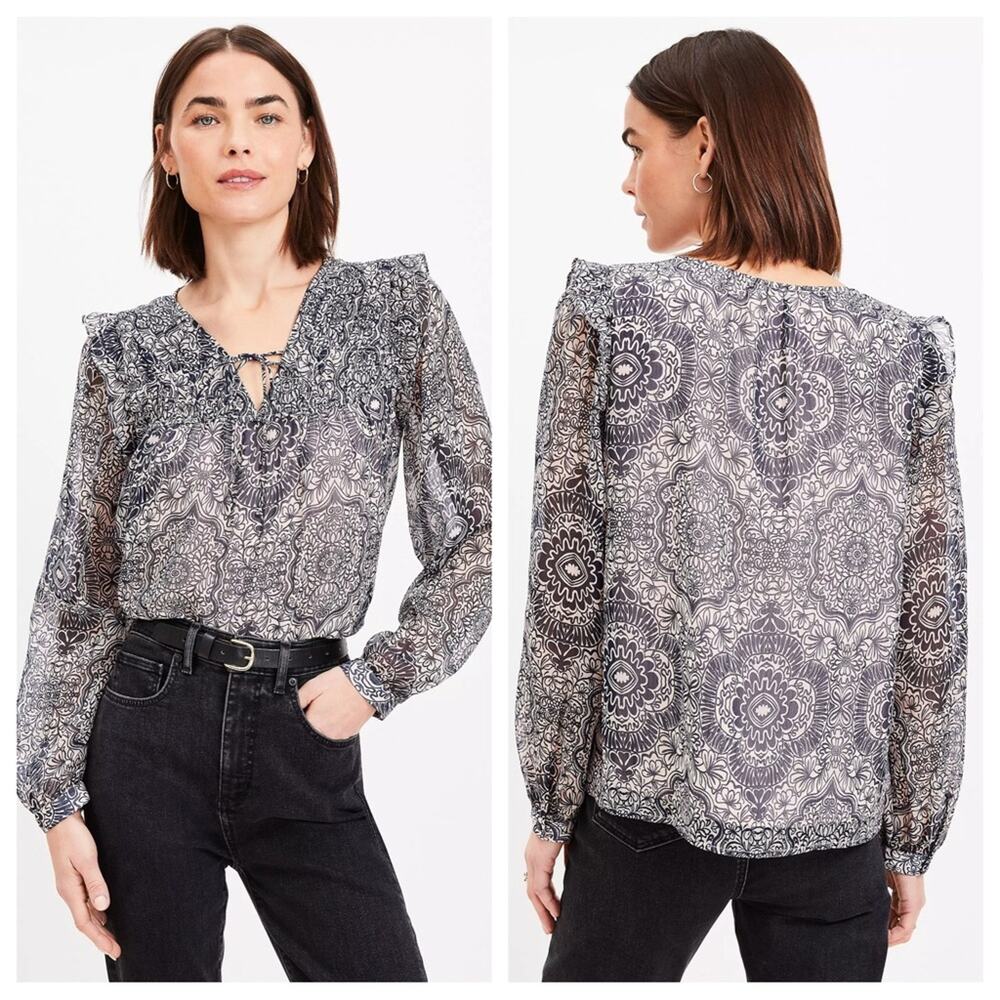 NEW LOFT Ornamental Floral Shirred Tie Neck Blouse in Pink Dune - Size S